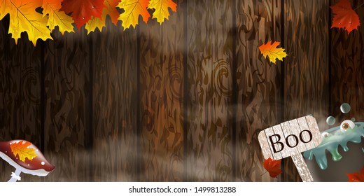 Happy Halloween.  Boo. Spooky card for Halloween. Halloween Party on wooden background. design template for banner, poster, greeting card, party invitation.