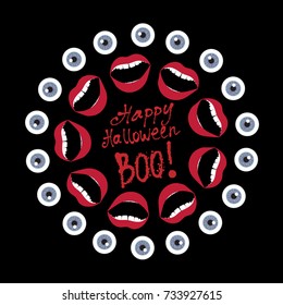 Happy Halloween. BOO! Text written by bloodstains. Emotions: shock face, expression, surprise, joy, mouth open, wondering eyes. Round frame.  Isolated Vector grunge and vintage style EPS 10.