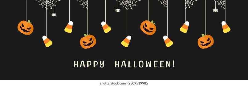 Banner de borda feliz Halloween com milho doce e jack o lanterna abóboras. Pendurado Ornamentos Assustadores Decoração Vetor ilustração, truque ou tratar convite da festa