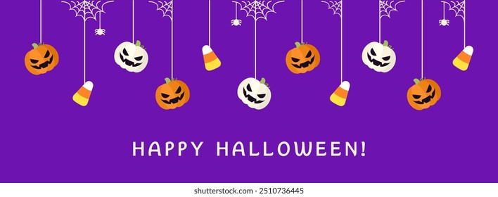 Happy Halloween border banner with candy corn and jack o lantern pumpkins. Hanging Spooky Ornaments Decoration Vector illustration, trick or treat party invitation