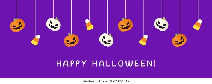 Banner de borda feliz Halloween com milho doce e jack o lanterna abóboras. Pendurado Ornamentos Assustadores Decoração Vetor ilustração, truque ou tratar convite da festa