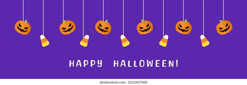 Banner de borda feliz Halloween com milho doce e jack o lanterna abóboras. Pendurado Ornamentos Assustadores Decoração Vetor ilustração, truque ou tratar convite da festa