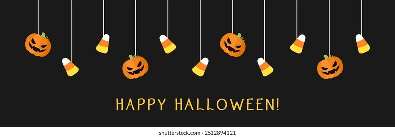 Banner de borda feliz Halloween com milho doce e abóboras jack o lanterna pendurado de teias de aranha. Ornamentos assustadores Decoração Vetor ilustração, truque ou tratar convite da festa