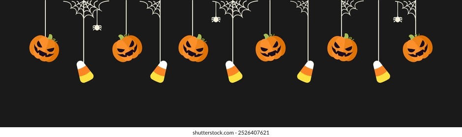 Feliz Anuncio fronterizo de Halloween con calabazas de caramelo y calabazas de gato o linterna colgando de telarañas. Adornos espeluznantes Decoración Ilustración vectorial, truco o invitación de fiesta