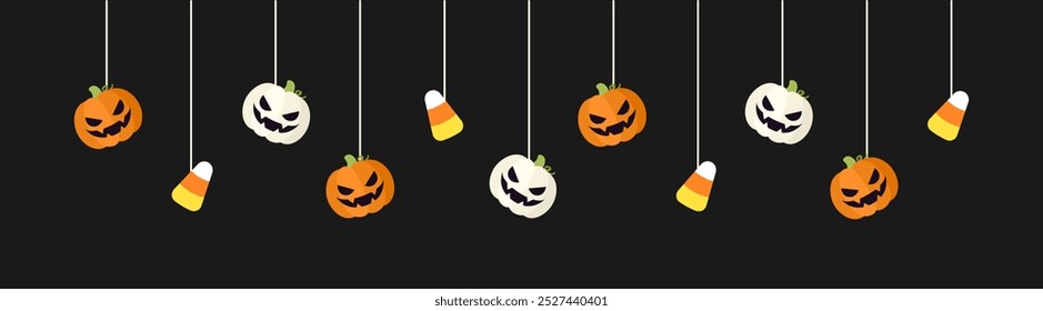 Feliz Anuncio fronterizo de Halloween con calabazas de caramelo y calabazas de gato o linterna colgando de telarañas. Adornos espeluznantes Decoración Ilustración vectorial, truco o invitación de fiesta