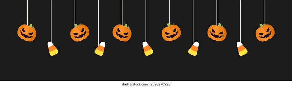 Banner de borda feliz Halloween com milho doce e abóboras jack o lanterna pendurado de teias de aranha. Ornamentos assustadores Decoração Vetor ilustração, truque ou tratar convite da festa