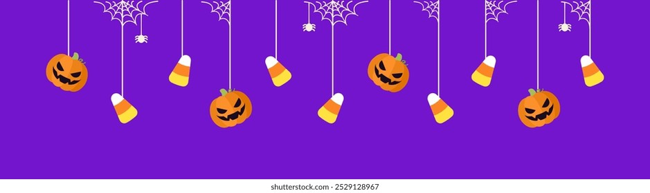 Feliz Anuncio fronterizo de Halloween con calabazas de caramelo y calabazas de gato o linterna colgando de telarañas. Adornos espeluznantes Decoración Ilustración vectorial, truco o invitación de fiesta