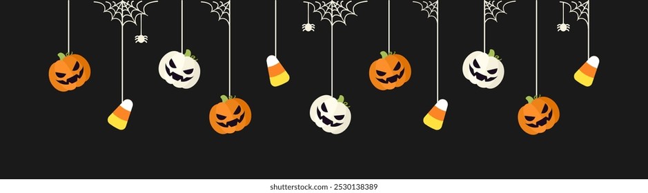 Banner de borda feliz Halloween com milho doce e abóboras jack o lanterna pendurado de teias de aranha. Ornamentos assustadores Decoração Vetor ilustração, truque ou tratar convite da festa