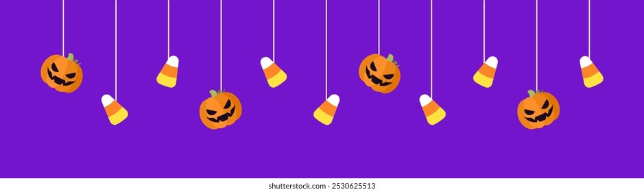 Feliz Anuncio fronterizo de Halloween con calabazas de caramelo y calabazas de gato o linterna colgando de telarañas. Adornos espeluznantes Decoración Ilustración vectorial, truco o invitación de fiesta