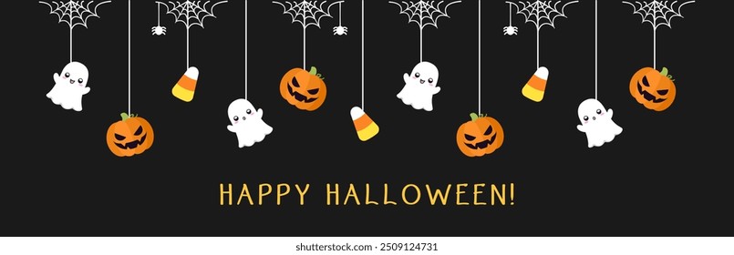 Happy Halloween border banner with ghost, candy corn and jack o lantern pumpkins. Hanging Spooky Ornaments Decoration Vector illustration, trick or treat party invitation