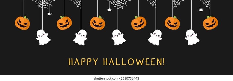Happy Halloween border banner with ghost and jack o lantern pumpkins. Hanging Spooky Ornaments Decoration Vector illustration, trick or treat party invitation
