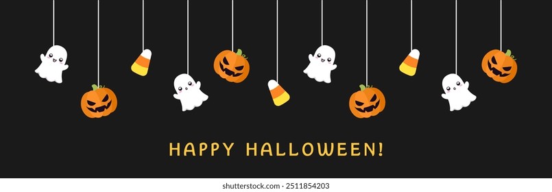 Happy Halloween border banner with ghost, candy corn and jack o lantern pumpkins. Hanging Spooky Ornaments Decoration Vector illustration, trick or treat party invitation