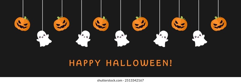 Happy Halloween border banner with ghost and jack o lantern pumpkins. Hanging Spooky Ornaments Decoration Vector illustration, trick or treat party invitation