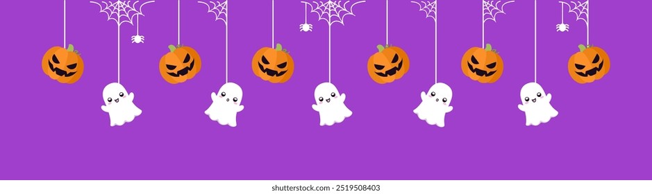 Feliz Anuncio fronterizo de Halloween con calabazas de fantasma y jota o linterna. Colgando adornos espeluznantes Decoración Ilustración vectorial, truco o invitación de fiesta