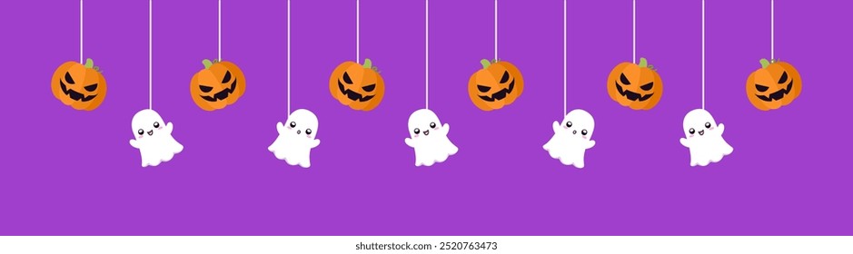 Feliz Anuncio fronterizo de Halloween con calabazas de fantasma y jota o linterna. Colgando adornos espeluznantes Decoración Ilustración vectorial, truco o invitación de fiesta