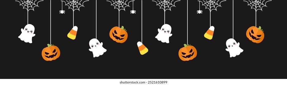 Banner de borda feliz Halloween com fantasma, milho doce e jack o lanterna abóboras. Pendurado Ornamentos Assustadores Decoração Vetor ilustração, truque ou tratar convite da festa