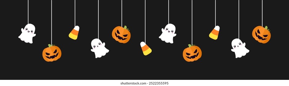 Feliz Anuncio fronterizo de Halloween con fantasma, maíz dulce y calabazas de gato o linterna. Colgando adornos espeluznantes Decoración Ilustración vectorial, truco o invitación de fiesta