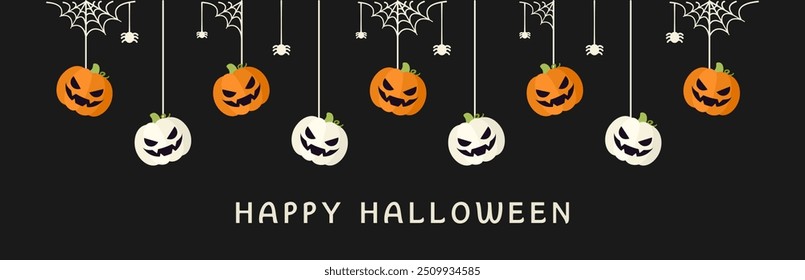 Happy Halloween border banner jack o lantern pumpkins hanging from spider webs. Spooky Ornaments Decoration Vector illustration, trick or treat party invitation