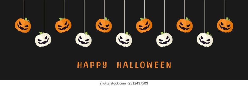 Feliz Halloween borda jaque jaque o lanterna abóboras pendurado de teias de aranha. Ornamentos assustadores Decoração Vetor ilustração, truque ou tratar convite da festa