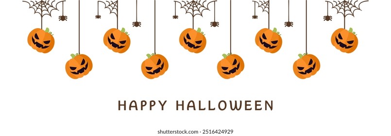 Feliz Halloween borda jaque jaque o lanterna abóboras pendurado de teias de aranha. Ornamentos assustadores Decoração Vetor ilustração, truque ou tratar convite da festa