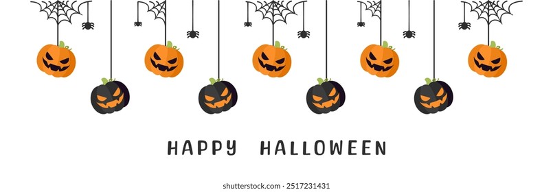 Feliz Halloween borda jaque jaque o lanterna abóboras pendurado de teias de aranha. Ornamentos assustadores Decoração Vetor ilustração, truque ou tratar convite da festa