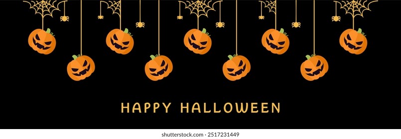 Feliz Halloween borda jaque jaque o lanterna abóboras pendurado de teias de aranha. Ornamentos assustadores Decoração Vetor ilustração, truque ou tratar convite da festa