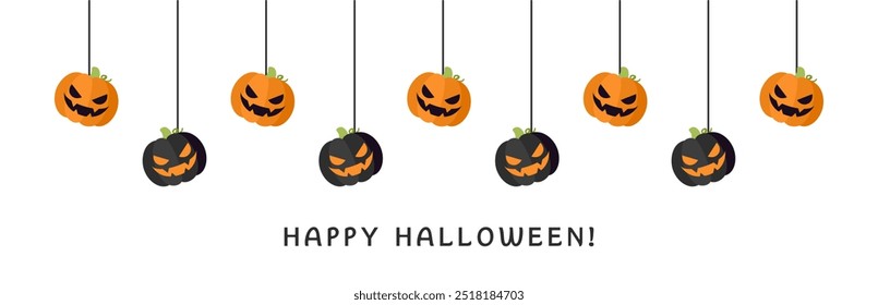 Feliz Halloween borda jaque jaque o lanterna abóboras pendurado de teias de aranha. Ornamentos assustadores Decoração Vetor ilustração, truque ou tratar convite da festa