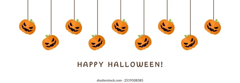 Feliz Halloween borda jaque jaque o lanterna abóboras pendurado de teias de aranha. Ornamentos assustadores Decoração Vetor ilustração, truque ou tratar convite da festa