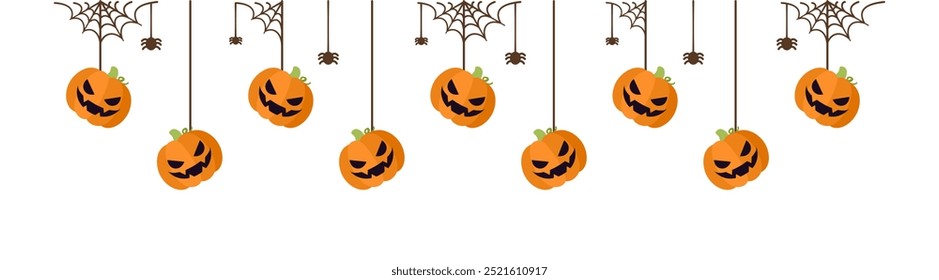 Feliz Halloween borda jaque jaque o lanterna abóboras pendurado de teias de aranha. Ornamentos assustadores Decoração Vetor ilustração, truque ou tratar convite da festa