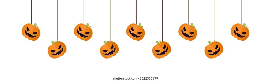 Feliz Halloween Anuncio fronterizo jack o calabazas de linterna colgando de telarañas. Adornos espeluznantes Decoración Ilustración vectorial, truco o invitación de fiesta