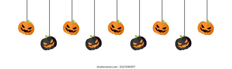 Happy Halloween border banner jack o lantern pumpkins hanging from spider webs. Spooky Ornaments Decoration Vector illustration, trick or treat party invitation