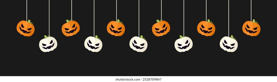 Happy Halloween border banner jack o lantern pumpkins hanging from spider webs. Spooky Ornaments Decoration Vector illustration, trick or treat party invitation