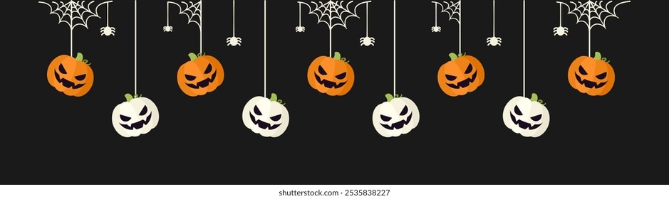 Feliz Halloween Anuncio fronterizo jack o calabazas de linterna colgando de telarañas. Adornos espeluznantes Decoración Ilustración vectorial, truco o invitación de fiesta