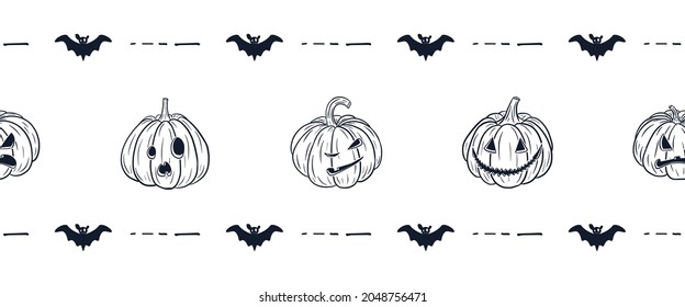 Happy Halloween Border. Cartoon Style. Scary Pumpkins with Faces. Pumpkin jack lantern and Bat border for autumn holiday design and decoration. Premium Vector