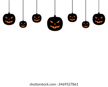 Happy Halloween border. Decorative Banner black jack o lantern pumpkins hanging from spider webs. Spooky Ornaments Decoration Vector illustration, trick or treat party invitation printable