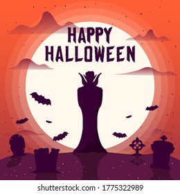 Happy Halloween border with a vampire, bats, cemetery and graves under the moon. Vector isolated horror night banner or poster.