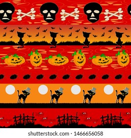 Happy Halloween borders with different elements. Set of holiday symbols. Can be used for creating packing, wrapper, textile, greeting cards and more.