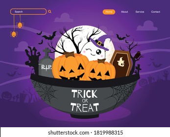 Happy Halloween! Bowl of halloween vibes with pumpkin, cute ghost and creepy things. Trick or treat landing page design