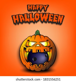 Happy Halloween. Bowling ball inside frightening pumpkin. The pumpkin swallowed the ball with burning eyes. Design template for banner, poster, greeting card, party invitation. Vector illustration