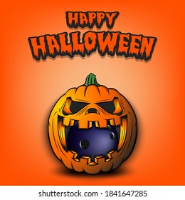 Happy Halloween. Bowling ball inside frightening pumpkin. The pumpkin swallowed the ball with burning eyes. Design template for banner, poster, greeting card, party invitation. Vector illustration