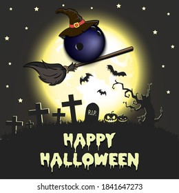 Happy Halloween. Bowling ball with witch hat on a broomstick against the background of the moon. Pattern for banner, poster, greeting card, flyer, party invitation. Vector illustration