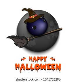 Happy Halloween. Bowling ball with witch hat on a broomstick against the background of the moon. Pattern for banner, poster, greeting card, flyer, party invitation. Vector illustration