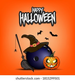 Happy Halloween. Bowling template design. Bowling ball with witch hat, pumpkin, broom, spider and bat. Design pattern for banner, poster, greeting card, flyer, party invitation. Vector illustration