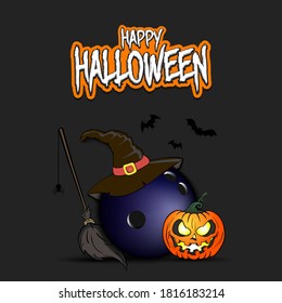 Happy Halloween. Bowling template design. Bowling ball with witch hat, pumpkin, broom, spider and bat. Design pattern for banner, poster, greeting card, flyer, party invitation. Vector illustration