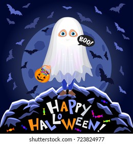 Happy Halloween. Boy in halloween costume on moon background. Ghost with pumpkin bag. Night autumn landscape. Vector