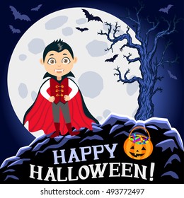 Happy Halloween. Boy in halloween costume. Vampire dracula with bag full candies