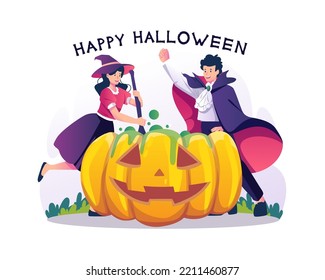 Happy Halloween with a boy and girl in costume witch and wizard making a green magical potion in a giant pumpkin Halloween. Vector illustration in flat style
