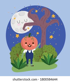 happy halloween, boy with pumpkin costume night stars moon trick or treat party celebration vector illustration