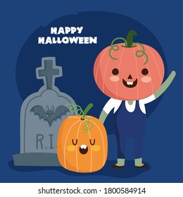 happy halloween, boy with pumpkin costume and gravestone trick or treat party celebration vector illustration