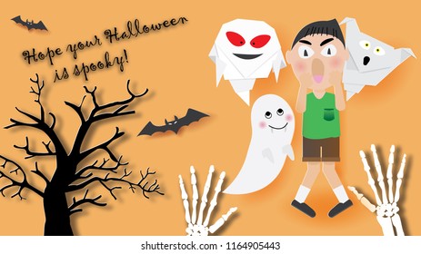 Happy Halloween with the boy scared of ghosts and skeleton hand,vector illustration.